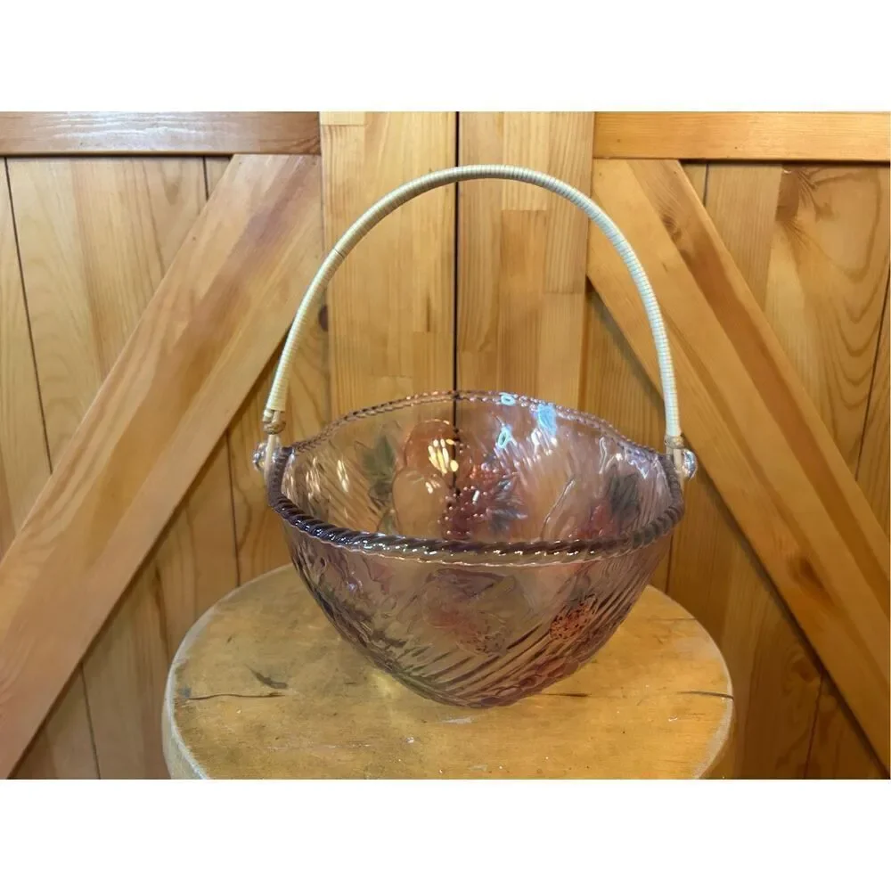 ADERIA Vintage Glass Fruit Bowl Basket Has Handle Color Purple Pink Green Grapes